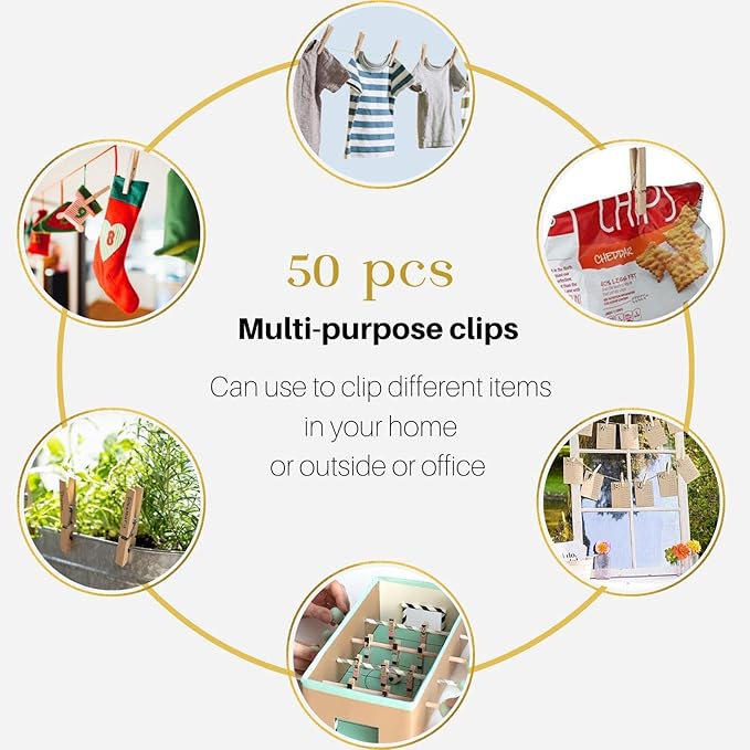 Clothes Pins,50 Pack,2.9 in,Natural Birchwood,Rust and Moisture Resistant Clothespins,Durable Clothes Pins Wooden with Storage Bag,Strong Grip,Clothespins for Hanging Clothes,Bag Clips,Crafts,Photos