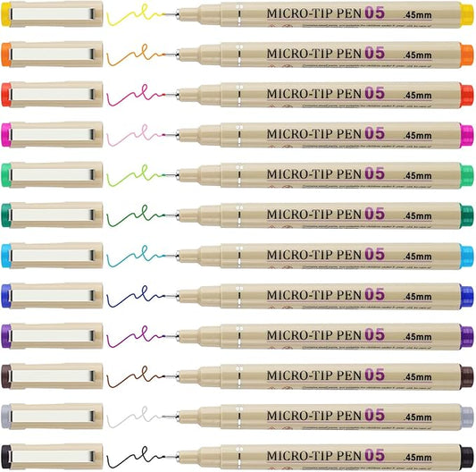 [12 Colors] 05 Micro, Fineliner Pen Set Ink, Fine Point Pen,Multi-liner, Sketching, Anime,Artist Illustrating/Technical Drawing,Office Documents