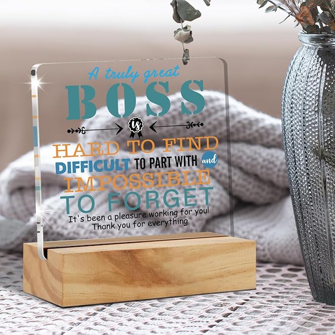 Appreciation Boss Gifts for Men & Women - Acrylic Desk Plaque Sign with Wood Stand - Boss Day, Leaving, Retirement Keepsake