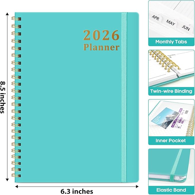 2026 Planner, Weekly and Monthly Calendar Planner, January 2026 - December 2026, Hardcover 2026 Calendar Planner Book with Tabs For Women & Men, Inner Pocket, Spiral Bound, Perfect for Office Home School Supplies - A5 (6.3" x 8.5"), Aquamarine
