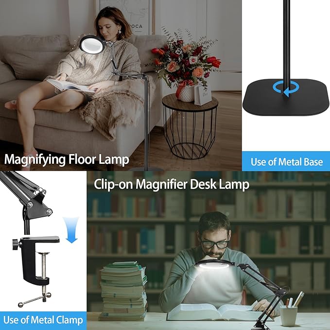 12X Floor Magnifying Glass with Light and Stand, 5.2" Large Floor Lamp Magnifier with 5 Color Modes 10 Dimmable Brightness, Hands Free Lighted Magnifying Glass with Clamp for Close Work Sewing (Black)