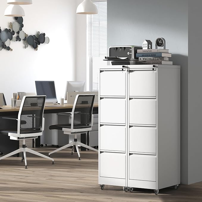 4 Drawer Locking File Cabinet with Wheels,White Metal Mobile Filing Cabinets,Vertical File Cabinet for Home Office,Heavy Duty Rolling Storage Cabinet for A4/Letter/Legal Size,Assembly Required
