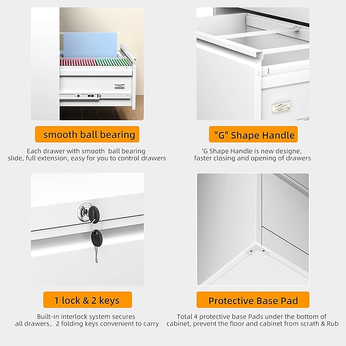 INTERGREAT 4 Drawer Lateral File Cabinet,White Lateral Filing Cabinet with Lock, Metal Steel Horizontal File Cabinets for Home Office, Easy Assembled