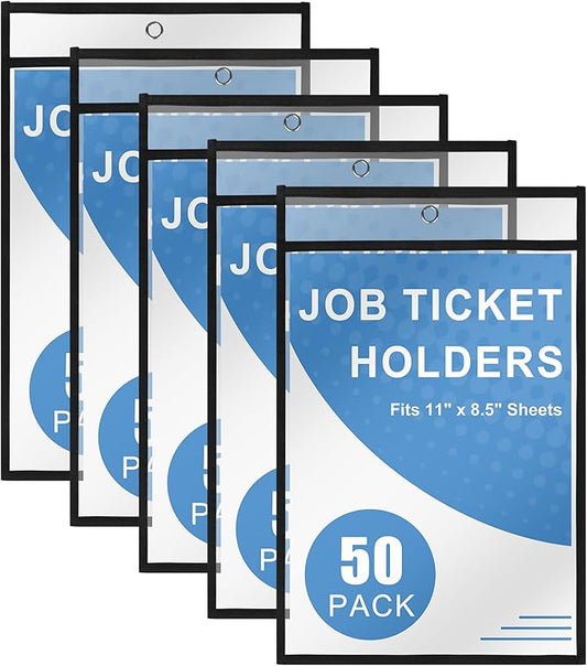 Heavy Duty Dry Erase Pockets 8.5x11, Plastic Paper Sleeves Job Ticket Holder 50 Pack Clear Sheet Protectors 8.5 x 11 Clear Document Sleeves for Shop Office Classroom Home, Black