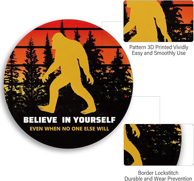 Sasquatch Bigfoot Funny Mouse Pad, Small Round Mouse Pads for Desk, Mini Travel Retro Vintage Motivational Mousepad for Work Wireless Computer Laptop, Office Desk Accessories, Believe in Yourself