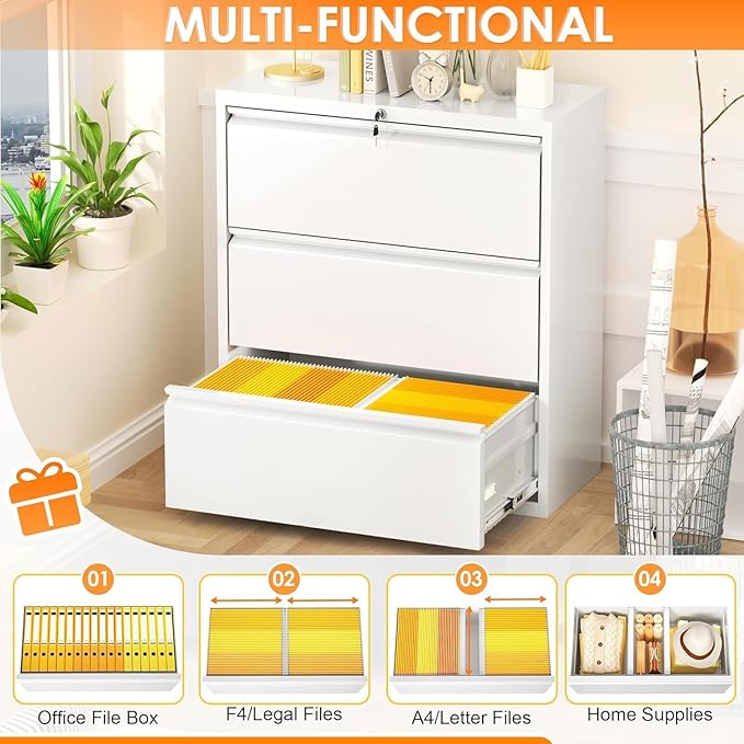 INTERGREAT 3-Drawer White File Cabinet, Locking Metal Lateral Filing Cabinets, 28W Horizontal Storage Cabinet with Adjustable Shelves for Home & Office