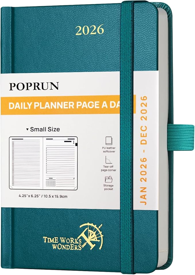 POPRUN 2026 Daily Planner One Page Per Day A6 Size Calendar (4.25" x 6.25") - 12 Months Hourly Appointment Book with Hardcover, Monthly Tabs, Pocket, Pen Holder - Pacific Green