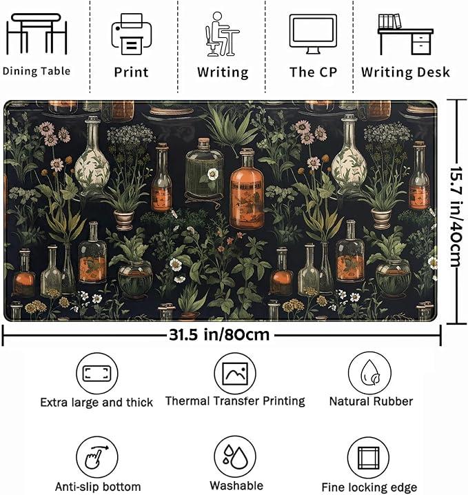 Black Aesthetics Desk Mat Mouse Pad Large Gaming Mouse Pad Desk Pad Mousepad, Mystical Green Plant Computer Laptop Keyboard and Mouse Mat, Desktop Protector Mat for Women Girl Office 31.5x15.8 in