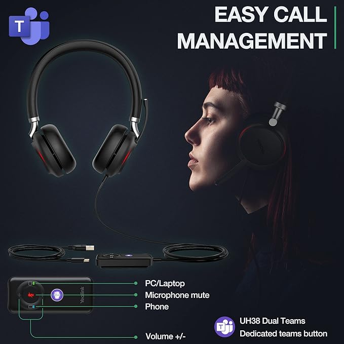 Yealink UH38 Bluetooth USB Wired Headset, Work Headset with Noise Cancelling Microphone, Teams Certified, Comfort Fit, Dual Connect for PC Computer & Mobile Devices, Dual Busylight