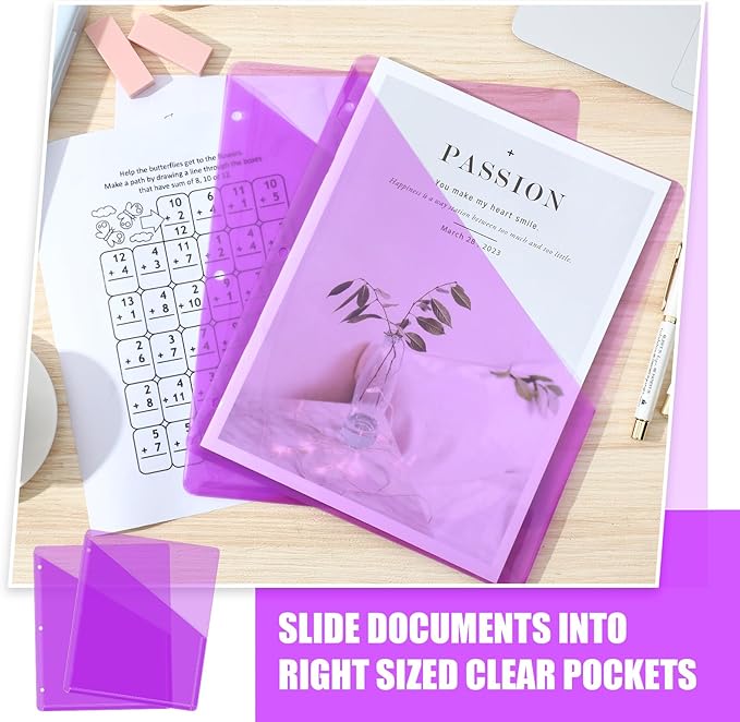 Seajan 100 Pcs Pocket Folders for 3 Ring Binder Clear Plastic Folders Sleeves with 2 Pockets 3 Hole Punch Binder Dividers Poly Slash File Jackets for Office School Document Organizer (Purple)