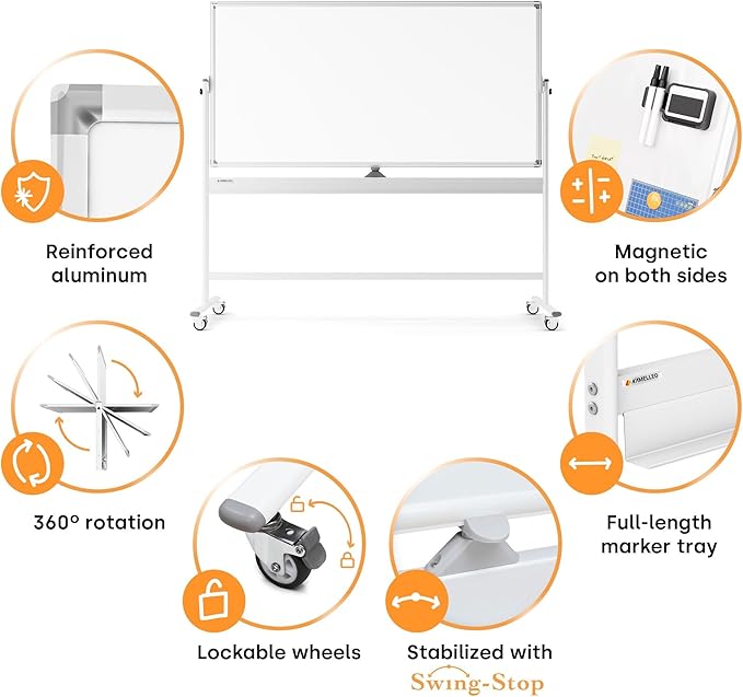 Rolling Dry Erase Board 70 x 36 - Large Portable Magnetic Whiteboard with Stand - Double Sided Easel Style Whiteboard with Wheels - Mobile Standing White Board for Office, Classroom & Home