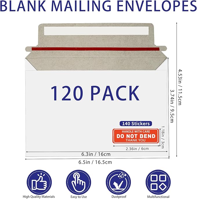 Cheardia 120 Pack Rigid Mailer with Self Adhesive Seal, 6.5 x 4.5 Inch Photo Document Mailers Small Thick Cardboard Envelopes with Label for Photos, Document, White