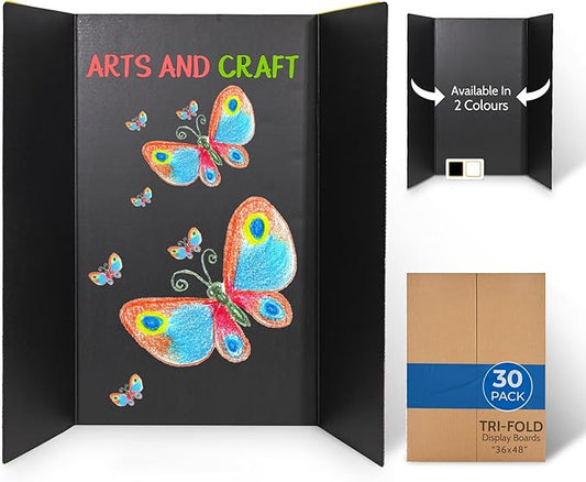EPI Tri Fold Cardboard Display Board. Large 36 x 48in Black Tri-fold Poster 30 Pack. Professional Presentation Boards with Rounded Corners for Science Fair Project, School and Business Presentations