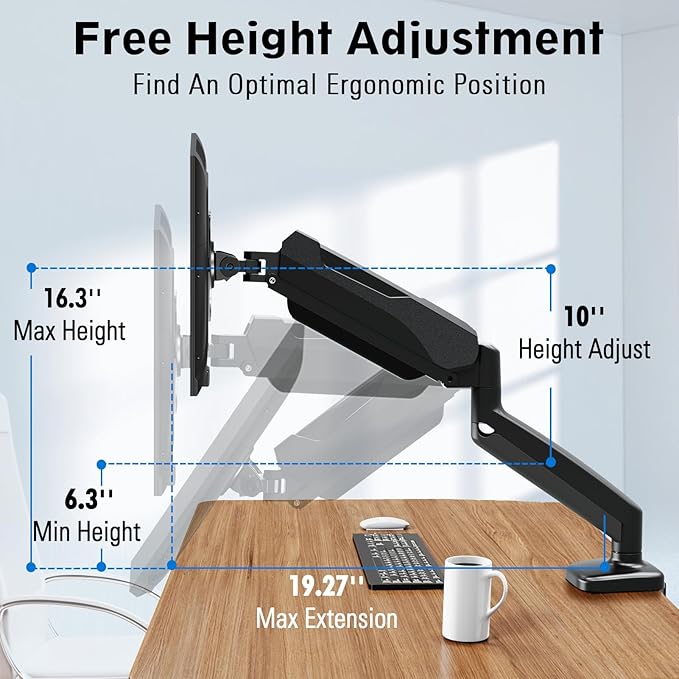 MOUNTUP Monitor Arm Desk Mount, Fully Adjustable, Computer Monitor Stand for 17-30 Inch, 4.4-17.6lbs Screen, VESA Mount with C Clamp & Grommet Base, Black