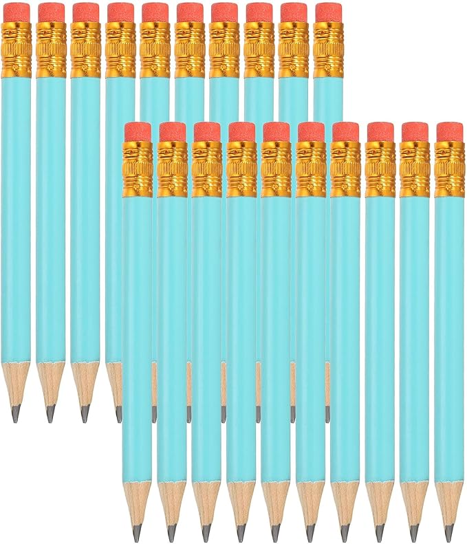 MECCANIXITY Golf Pencils with Erasers, 4" HB Mini Half Pencils Pre Sharpened Small Pens for Wedding Bridal Shower Game Office Writing Drawing(Blue, Pack of 20)