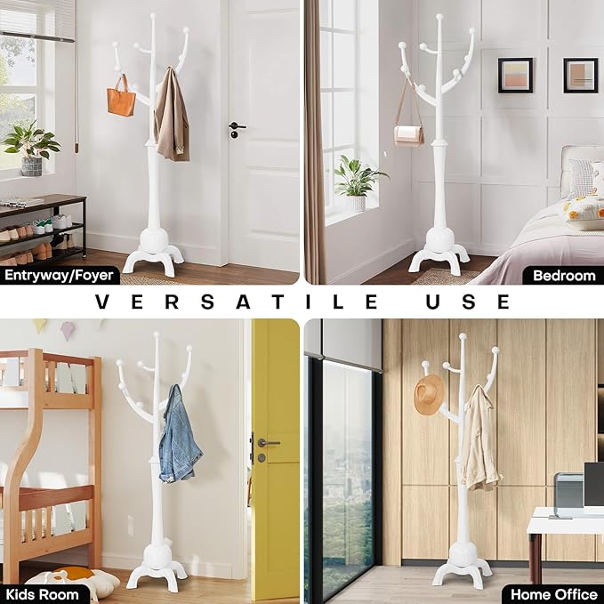 Coat Rack, Solid Wood Coat Racks Stand, Free Standing Coat Rack Coat Hanger with Hooks for Jaceket, Winter Coats, Entryway, Hallway, Bedroom - Load 160lbs (White)