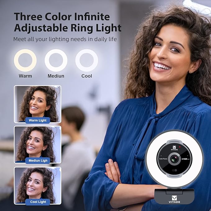 Zoomable Webcam with Remote Control, 1080P 60FPS Streaming Webcam with Adjustable Ring Light and Tripod, Pro USB 5X Digital Zoom Webcam for Zoom/Skype Teams/Laptop/Mac Windows