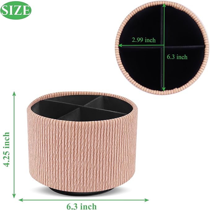 Hennaja Round Leather Art Supply Organizer,Remote Control Holder,360 Degree Spinning,Multi-Functional Pencil Holder,4 Compartments Desktop Stationary Organizer(1-Wood Apricot)