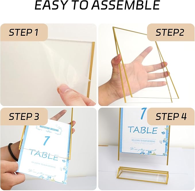 Acrylic Sign Holders Golden Border 8 Pack 6x4 Wedding Table Number Frames Double Sided Table Menu Stands with Horizontal Stand, Photos and Art Display