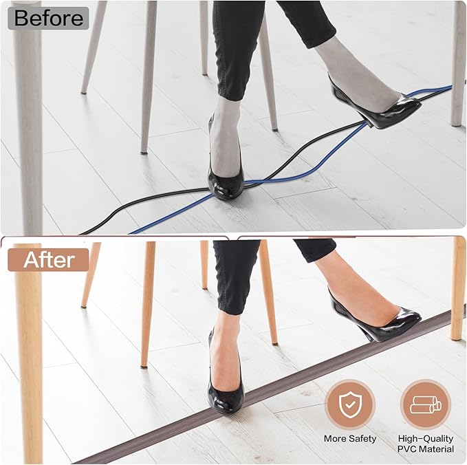 Floor Cord Cover Self Adhesive Cord Hider Floor Extension Cord Covers for Floor Power Cord Protector Cable Management Prevent Cable Trips Cable Cavity 0.32" W x 0.32" H (Brown Walnut Wood, 10Ft)