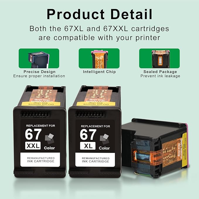 SAILNER 67XL HP Printer Ink, Replacement for HP Ink 67 for HP 67 Ink cartridges Black/Color Combo Pack, Compatible with DeskJet 2755e 2855e 2700e 4155e 2734e 2827e 4100e Envy 6055 6455e Printer 67XL