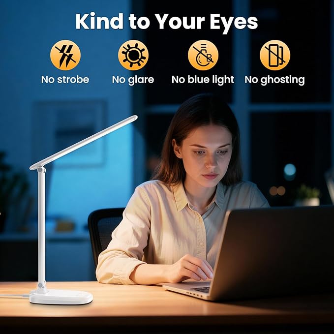 LED Desk Lamp with USB Charging Port, Stepless Dimmable Study Lamp with 5 Color Modes, Touch Control, Timer, Foldable Desk Lights for Home, Office, Bedroom
