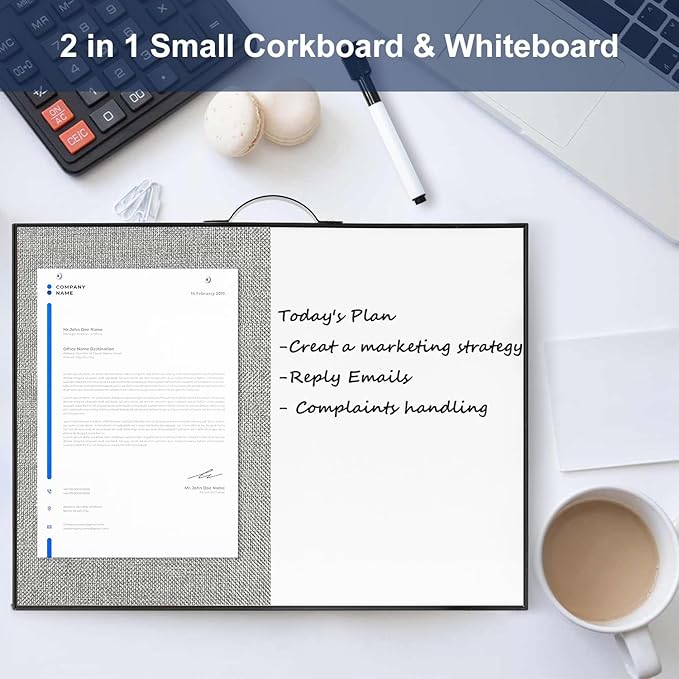 Small White Board Cork-Board Combo - 16 X 12 inches Gray Linen Board & Magnetic Dry Erase Board for Wall, Mini Bulletin Cork Board with Holder for Office, Home and School