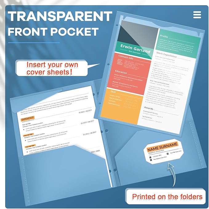 Henoyso 60 Pcs 2 Pocket Plastic Folders with Clear Front Pocket 3 Hole Punched File Folder Letter Size Take Home Documents Holder for Paper Holder Office Business Back to School Supply (Haze Blue)