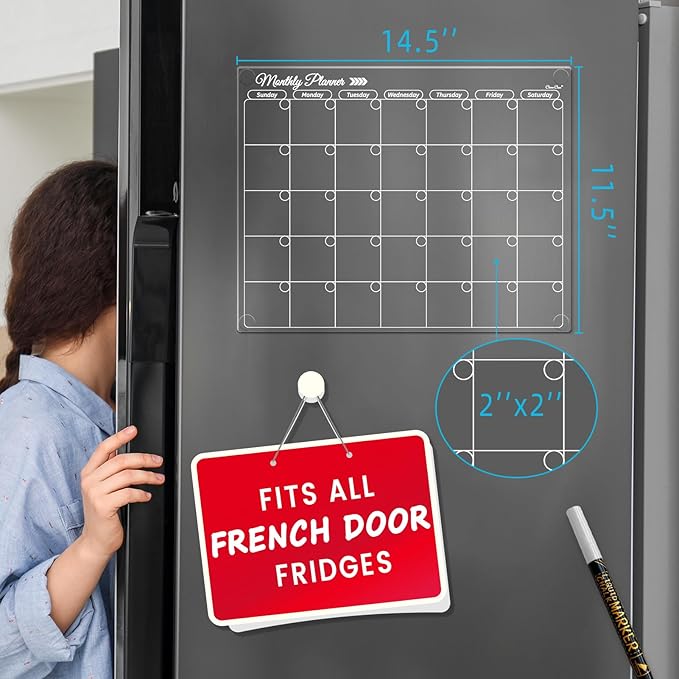 Clear Non-Magnetic Monthly Calendar for Fridge - Dry Erase Transparent Monthly Calendar - Sticks to Wall, Glass, Door, Any Smooth Surfaces