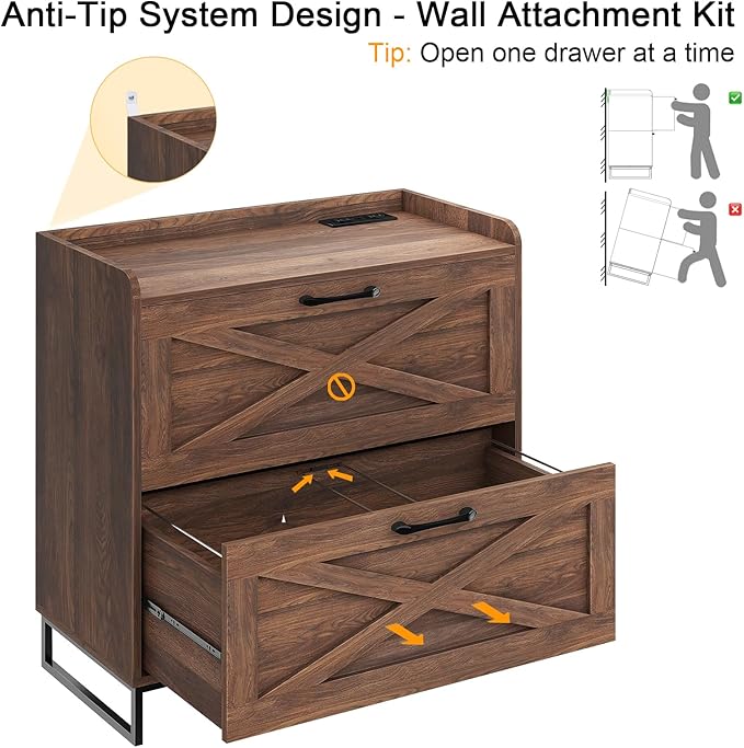 File Cabinet 2 Drawers Lateral File Cabinet with Charging Station for Letter/Legal/A4 Size Hanging Files, Large Wood File Storage Cabinets Printer Stand for Home Office, Dark Walnut