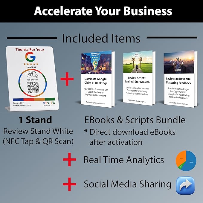 NFC Tap Stand (1-Pack) by Review Highway - Compatible with Google Reviews - NFC Tap & QR Scan for Instant Reviews - Boost SEO - iPhone/Android Compatible – Reusable and Zappy Fast (White, 1 Stand)