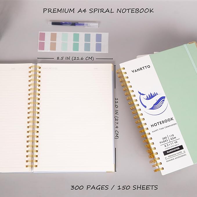 Spiral Notebook, Hardcover 8.5 x 11 IN College Ruled Notebooks, 300 Pages Notebooks for Work and School, 110 GSM Thick Papers Journals for Writing, Office Supplies for Women and Men Black