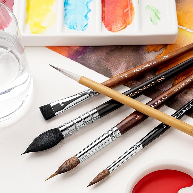 Watercolor Paint Brushes, 5pcs Fuumuui Professional Sable Brush, Wool & Synthetic Squirrel Brushes Set with Extended Needle, Round Point, Flat, Quill Wash Perfect for Watercolor Acrylic Gouache Inks