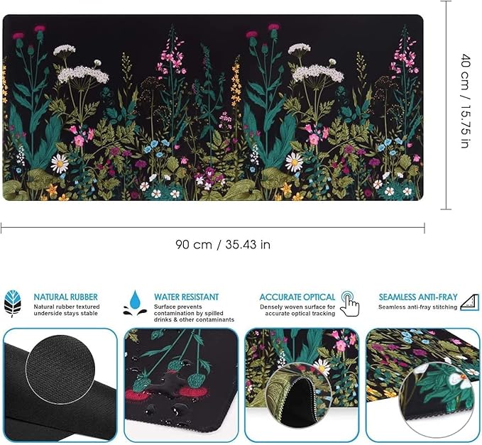 iCasso Desk Mat, Big Desk Pad, XXL Extended Gaming Mouse Pad, Large Mouse Pad for Desk Protector, Rubber Base Mousepad with Stitched Edges, Keyboard Mouse Mat for Work, Game, Office, Home - Weeds