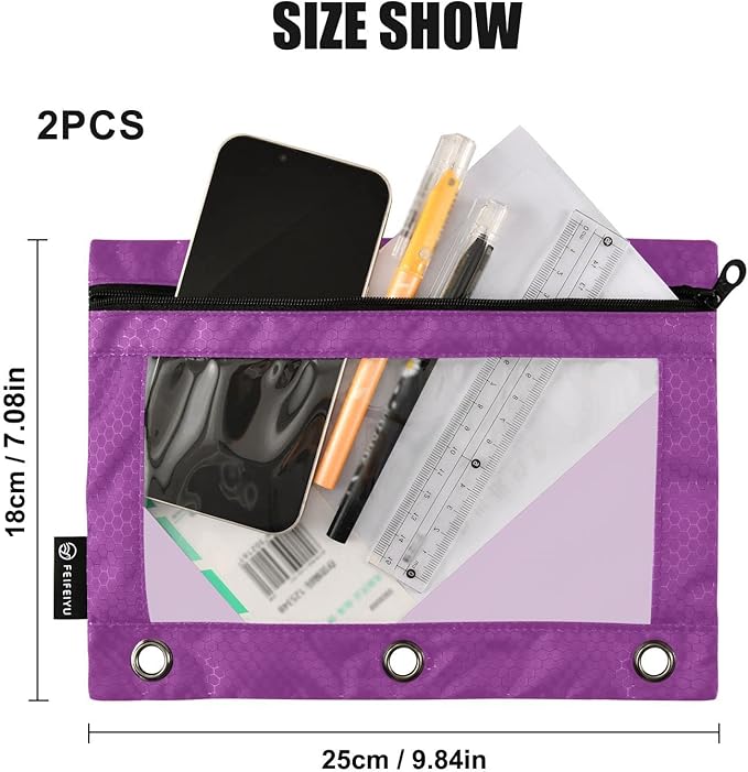 Gredecor Binder Pencil Pouch 3 Ring Purple Zipper Pencil Pouches Case 2 Pack Clear Window Binder Organizer for School Office