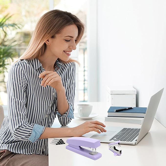 2 Pack Purple Office Staplers, 25-Sheet Capacity with 4000 Staples and 2 Staple Removers, Desktop Stapler, Purple Office Supplies for Students and Office Clerks