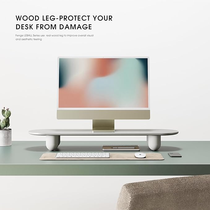 Fenge Monitor Stand Riser, 34 Inch Dual Monitor Riser for Large Monitors, Desk Organizer with Wooden Shelf & Solid Wood Legs, Computer Stand for Laptop, TV, PC, Printer, White