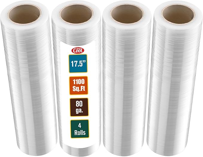 Stretch Wrap 4 Pack 17.5" x 1100 SqFt – Heavy Duty 80 Gauge (20 Micron) Shrink Wrap Rolls for Moving, Furniture, and Packing, Industrial Plastic Stretch Film, Pallet Wrap & Shrink Film Roll
