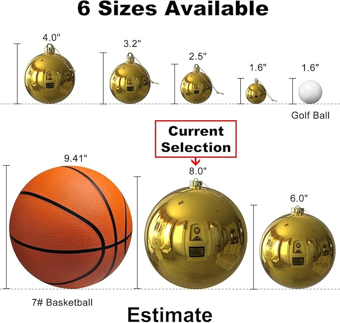 Gold 8.0" Extra Large Christmas Ornaments - Christmas Tree Decoration Balls Shatterproof Hanging Shiny Balls for Birthday Holiday Wedding Decorations Set of 2pcs