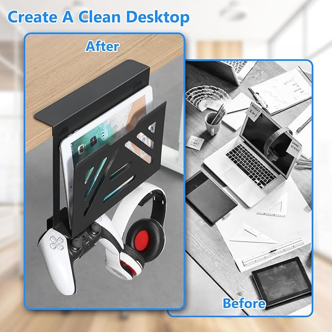 MAXECHO Desk Side Storage, Under Desk Laptop Mount, Table Side Hanging File Organizer, No Drill Clamp On Cable Management Tray, Laptop Holder with 2 Hooks for Office and Home, Load 22 Lbs