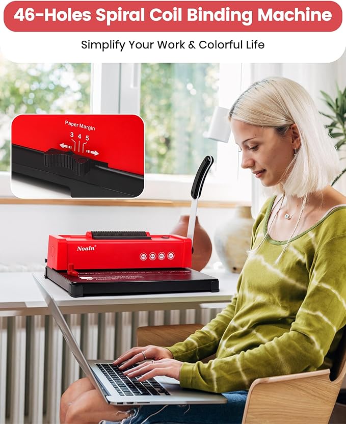 Nolan Upgraded Binding Machine Spiral Coil Binder,46-Hole Book Binder with Electric Coil Inserter,4:1 Pitch,100pcs Comb Binding Spines&1 Crimper Plier,School Office Home,Anti-Rust