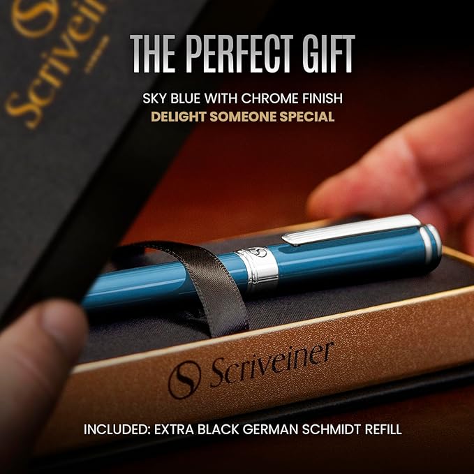 Scriveiner Sky Blue Rollerball Pen - Stunning Luxury PenWith Chrome Finish, Schmidt Ink Refill, Best Roller Ball Gift Set for Men & Women, Professional, Executive Office, Nice Pens