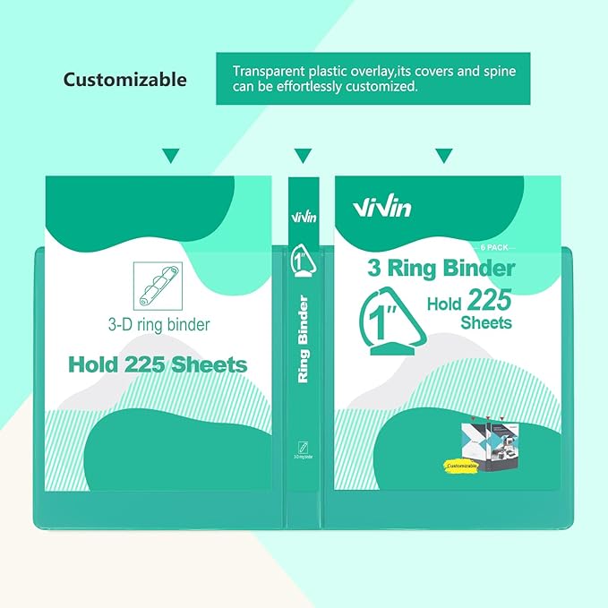 ViVin Sturdy 1 Inch D Ring Binders, 3 Ring Binders with 2 Pockets, Hold 225 Sheets of US Letter Size Paper for Office,Home,School, 6 Pack (Lake Green)