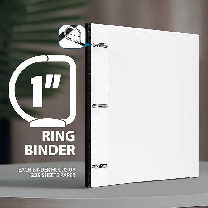 WOT I 1 Inch Telescoping 3 Ring Binder 4 Pack, Expandable Flexible Binder with Customizable Front Cover & Clear Catalog Pocket, Holds 225 Sheets, School Office Supplies, Black+White