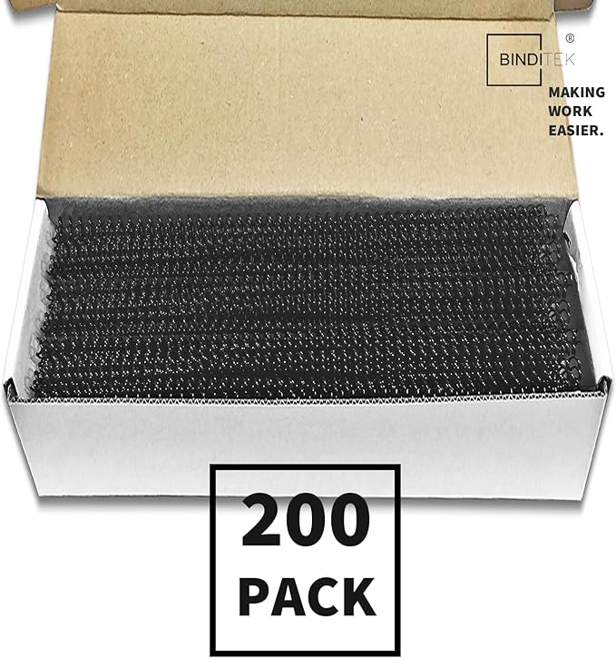 Binditek 200 Pack Plastic Spiral Binding Coils, 10mm(3/8"), 75 Sheet Capacity, 4:1 Pitch, Black, 48Loops, for Letter Size, for Students and Coworkers