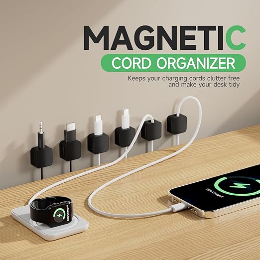 12 Black Magnetic Cable Clips,Under Desk Cable Management,Cord Holder for Nightstand Home Office Car Phone Wall,2025 Adhesive Cord Organizer[0.45" in Ht Save Space/Versatile for Wire Up to 0.27" OD]