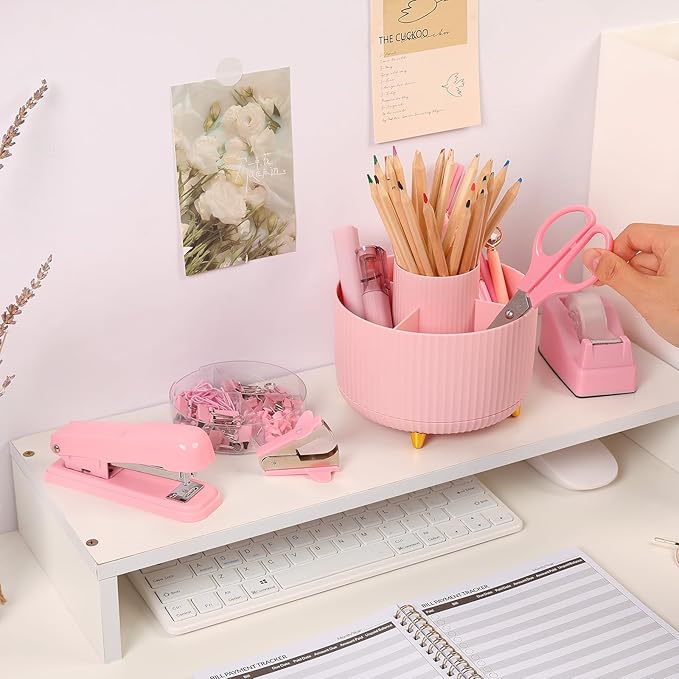 SKYDUE Pink Desk Accessories 10Pcs, Rotating Pen Holder for Desk, Stapler, Staple Remover, Tape Dispenser,2pcs Tape Refills, Binder Paper Clips Kit, Scissor,Pink Office School Supplies