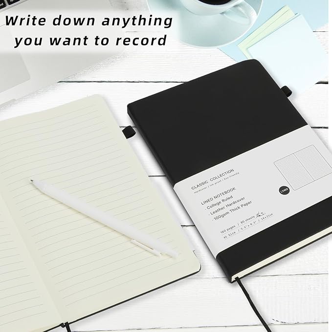 Coopay 6 Pack A5 Journal Notebook with 6 White Pens Bulk Classic Ruled Hardcover Leather Journal Set with Pen Holder for Men Women Writing Office Home School Business, 100GSM, 8.3” x 5.5” (Black)