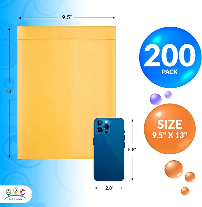 ABC PACK & SUPPLY Gold Kraft Bubble Mailer Envelopes, 9.5 x 13 Inches. 200 Pack Mail Padded Envelopes Self Seal. Kraft Bubble Mailers. Tear-Resistant Mailing Envelope Padded. Sturdy Paper Mailer