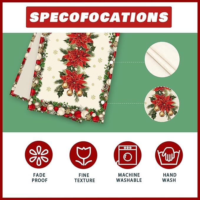 XCHI Christmas Poinsettias Leaves Bells Snowflakes Winter Xmas Table Runner Table Decoration for Home Kitchen Dining Holiday Decor 13x120 Inch